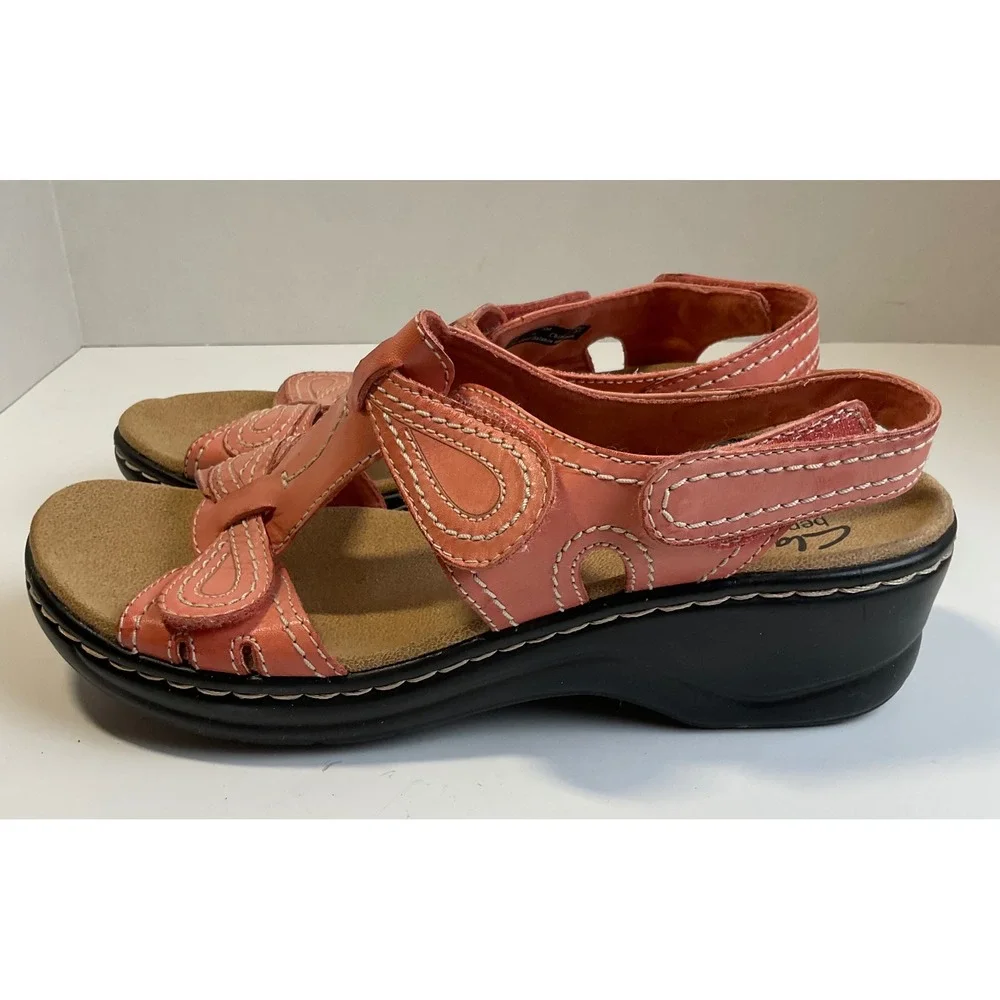 Clarks Bendables Coral Pink Leather Slingback Wedge Sandals 65780 Womens 8M lexi